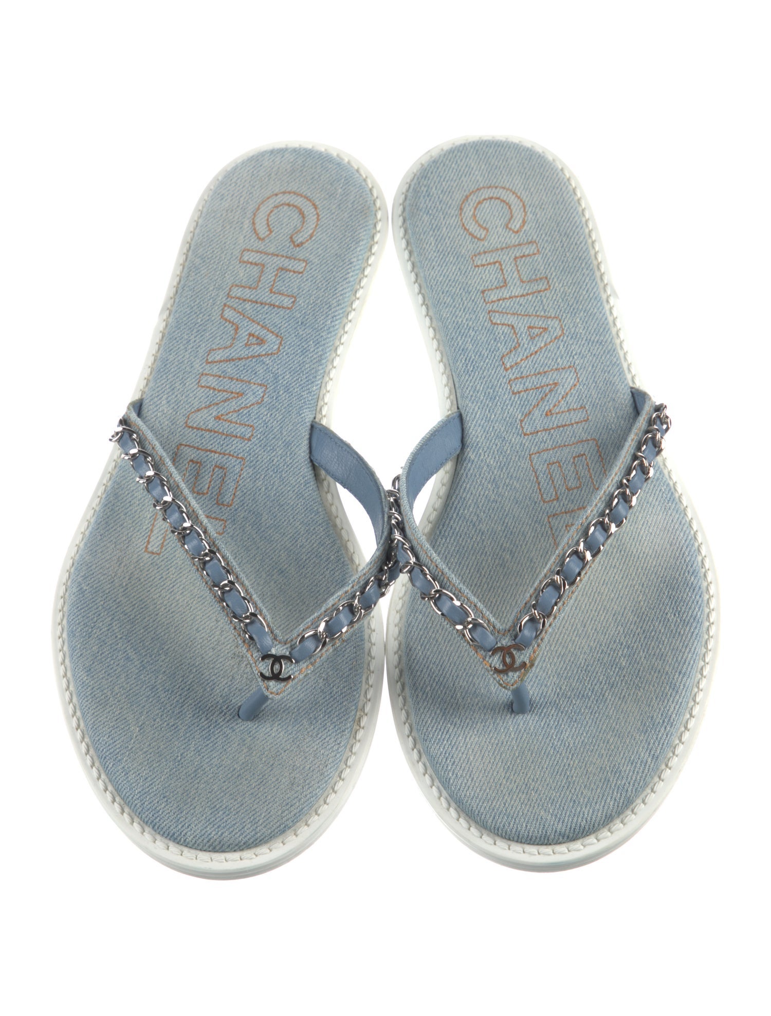 Chanel Interlocking CC Logo Denim Flip Flops
